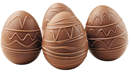 Four milk chocolate easter eggs decorated with zigzag stripes on transparent background