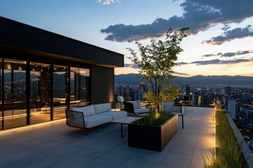 Fototapeta premium Modern Rooftop Terrace Cityscape Evening View