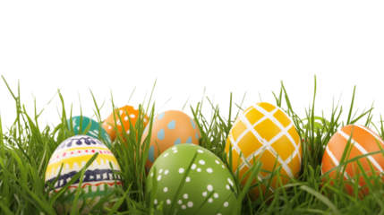 Colorful easter eggs hiding in green grass with transparent background