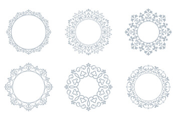 Set of decorative frames Elegant vector element for design in Eastern style, place for text. Floral gray and white borders. Lace illustration for invitations and greeting cards