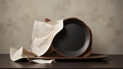 Elegant Dark Plate and Textured Fabric Draped on Wooden Tray Still Life Photography