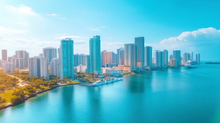 Obraz premium Miami skyline aerial photo with cruise ships docked along the harbor