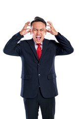 Portrait of an Asian businessman feeling angry and isolated over a white background. Concept of business or work problem