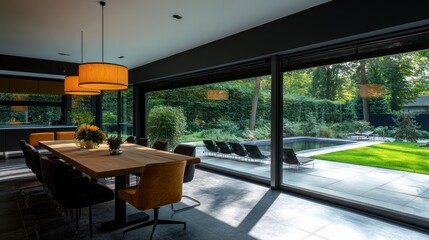 Modern dining room with large windows overlooking a garden and pool.