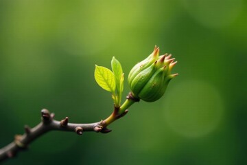 A vibrant green plant bud emerges, showcasing new life and growth against a soft, blurred backdrop of nature's lush greenery