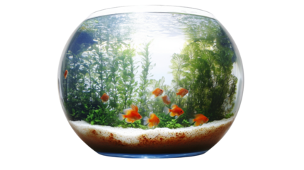 Goldfish swimming in a fishbowl with aquatic plants and transparent background