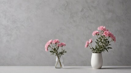 A serene arrangement featuring delicate pink blossoms in elegant glass and ceramic vases against a textured grey backdrop