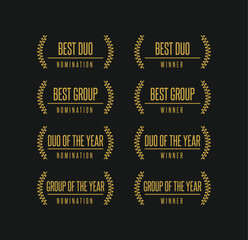 Music award for best group or duo winner. nomination icon collection. Laurel vector set with isolated golden editable logos