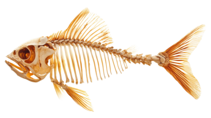 Fish skeleton isolated showing bones and fins on transparent background