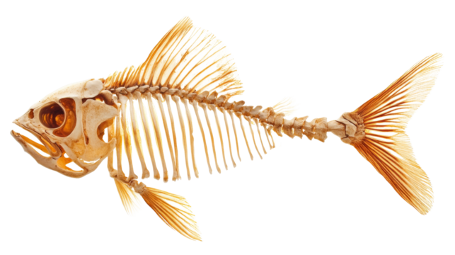 Fish skeleton isolated showing bones and fins on transparent background