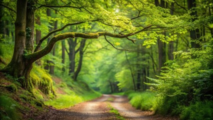 Obraz premium A winding forest trail with a single leafy tree branch overhanging the path , leafy branches