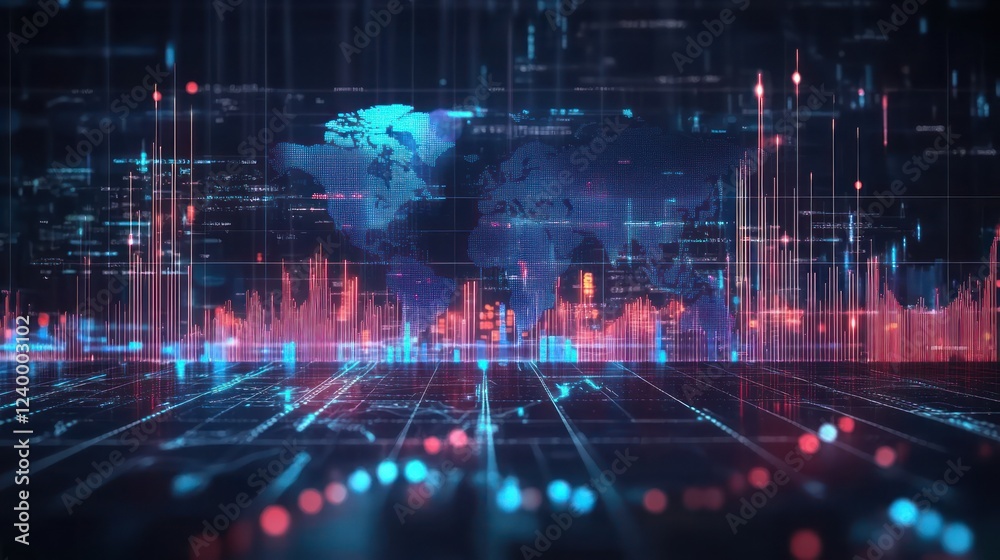 Poster digital world map with data visualization and graphs