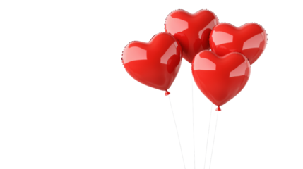 Four red heart shaped balloons floating on transparent background