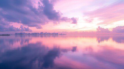 Miami skyline reflected in calm water during sunrise, with soft pink and purple skies