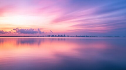 Obraz premium Miami skyline reflected in calm water during sunrise, with soft pink and purple skies
