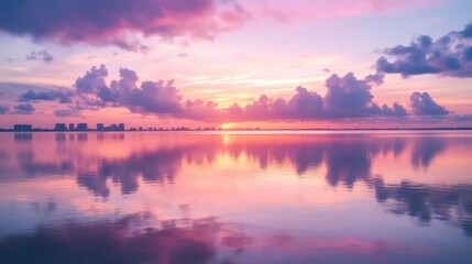 Obraz premium Miami skyline reflected in calm water during sunrise, with soft pink and purple skies