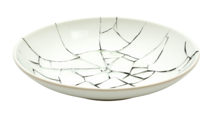 White plate showing repair with kintsugi technique on transparent background