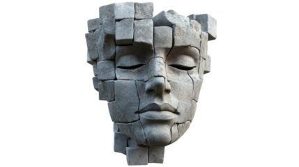 Surreal stone face emerging from cubes with transparent background