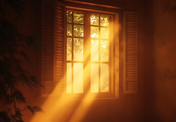 Golden Sunlight Streaming Through Wooden Window Panes
