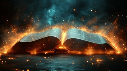 Fiery Magical Book: An Open Book Engulfed in Mystical Flames, Radiating a Golden Glow Against a Dark Background, Representing Knowledge and Power