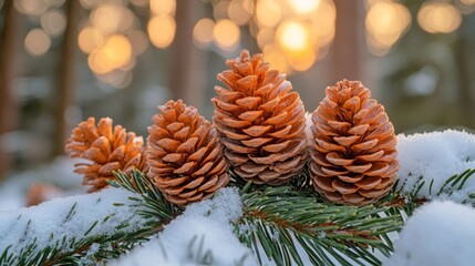 Snowy pine branch, sunset cones, winter forest