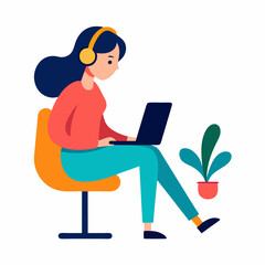 Girl in headphones sits on a chair and works on a laptop while listening to music. vector on white background.