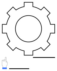 Gear outline symbolizing process or system, hand cursor suggesting selection or interaction, and minimalist horizontal lines. Ideal for technology, settings, workflow, organization, automation