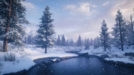 Fototapeta premium A serene winter landscape with snow-covered pine trees and soft snowfall in the background, capturing a peaceful snowy atmosphere.