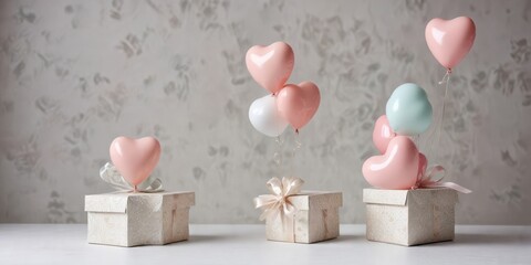 Heart-shaped balloons ascend from elegant gift boxes, a charming scene of celebration and gifting