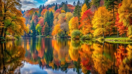 Serene forest landscape with vibrant autumn leaves reflected perfectly in the calm lake waters surrounded by tall trees and lush greenery, serenity, reflective surfaces