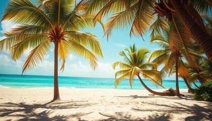 Obraz premium Relaxing beach scene with palm trees tropical island nature photography sunny day serene atmosphere