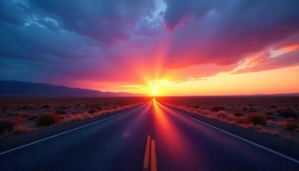 Naklejka premium Breathtaking sunset over open road desert landscape nature photography serene environment wide-angle viewpoint beauty of nature