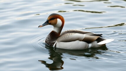 Male duck swims gracefully in calm water with soft ripples under natural light