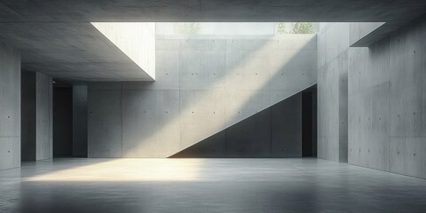 Minimalist Concrete Interior with Skylight and Pillars in Brutalist Style