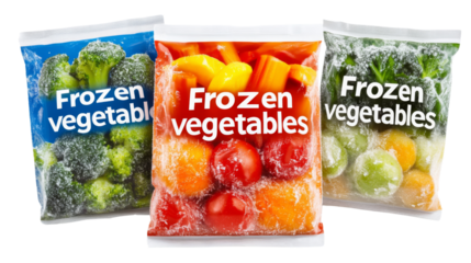 Frozen vegetables packages preserving freshness and nutrients on transparent background