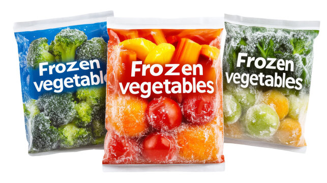 Frozen vegetables packages preserving freshness and nutrients on transparent background
