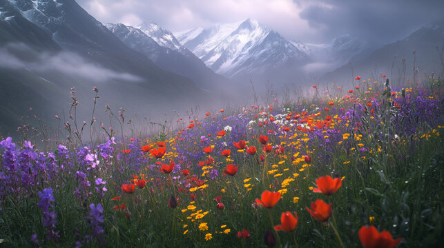 Valley of Flowers Kashmir at dusk, golden sky illuminates the blooming wildflower fields, a small river flows in the middle of the valley with the calming reflection of the dusk light