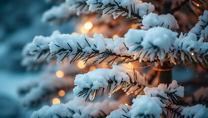 A close-up of a snow-dusted Christmas tree with twinkling warm lights, capturing the essence of winter and the festive season, mindfulness theme. isolated with white shades