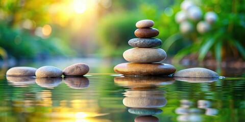 Obraz premium Serene Zen moment surrounded by balanced rocks on a bed of pebbles covered with water, reflecting the beauty of nature's harmony , water, peaceful environment