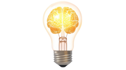 Glowing brain inside light bulb on transparent background symbolizing innovation