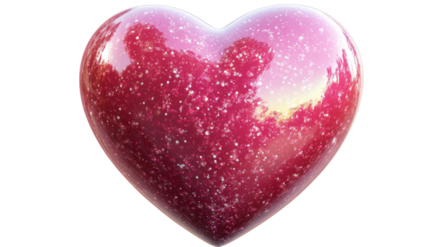 Glossy red heart reflecting sunset on transparent background