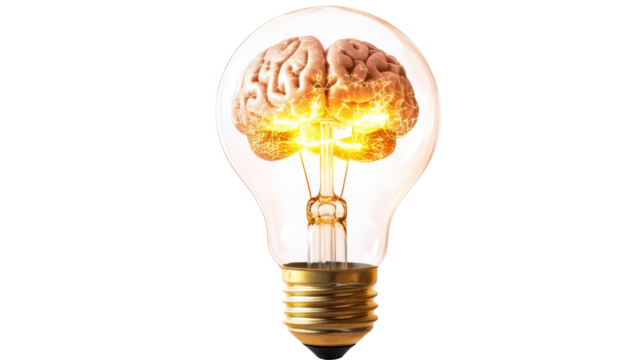 Brain generating electric energy inside light bulb with transparent background