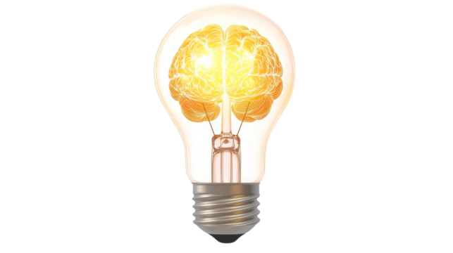 Glowing brain inside light bulb on transparent background symbolizing innovation - Powered by Adobe
