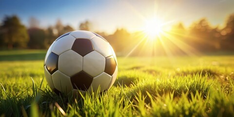 Fototapeta premium A detailed close-up shot of a soccer ball on a lush green grassy field with sunlight casting a gentle glow, highlighting the ball's texture and details , sports equipment, sunny day