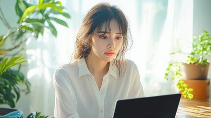 Woman Working on Laptop in Serene Indoor Workspace with Natural Light and Green Plants