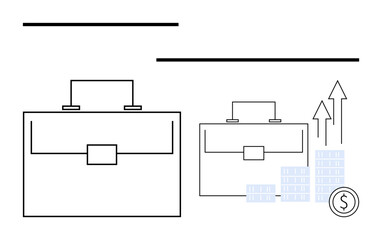 Briefcase with bar graph, arrows pointing upward, and coin stacks symbolizing business growth, financial success, investment returns, profit increase, career advancement, and economic development