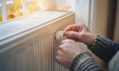 Engineer Adjusting Digital Wi-Fi Thermometer Reader on Modern Radiator in Cozy Interior Room