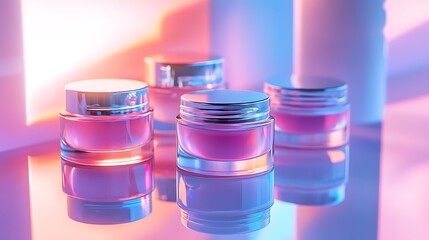 A futuristic skincare branding mockup featuring a set of moisturizer jars and facial oils reflecting beautifully on a glossy surface, set against a pastel lilac background with room for text