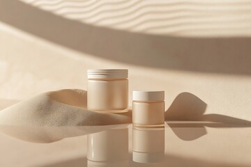 A minimalist beauty mockup with a skincare jar, toner, and lip balm on a reflective surface, highlighted by a pastel sand background and room for a logo or message
