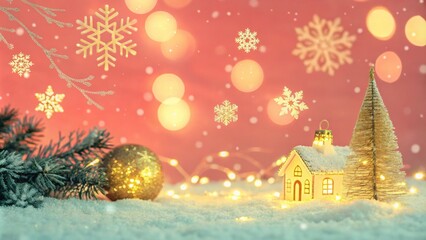 Obraz premium Cozy Christmas Village Scene Illuminated House, Snowy Decor, Bokeh Lights, Gold Accents, Christmas Tree. ,winter wonderland, festive season